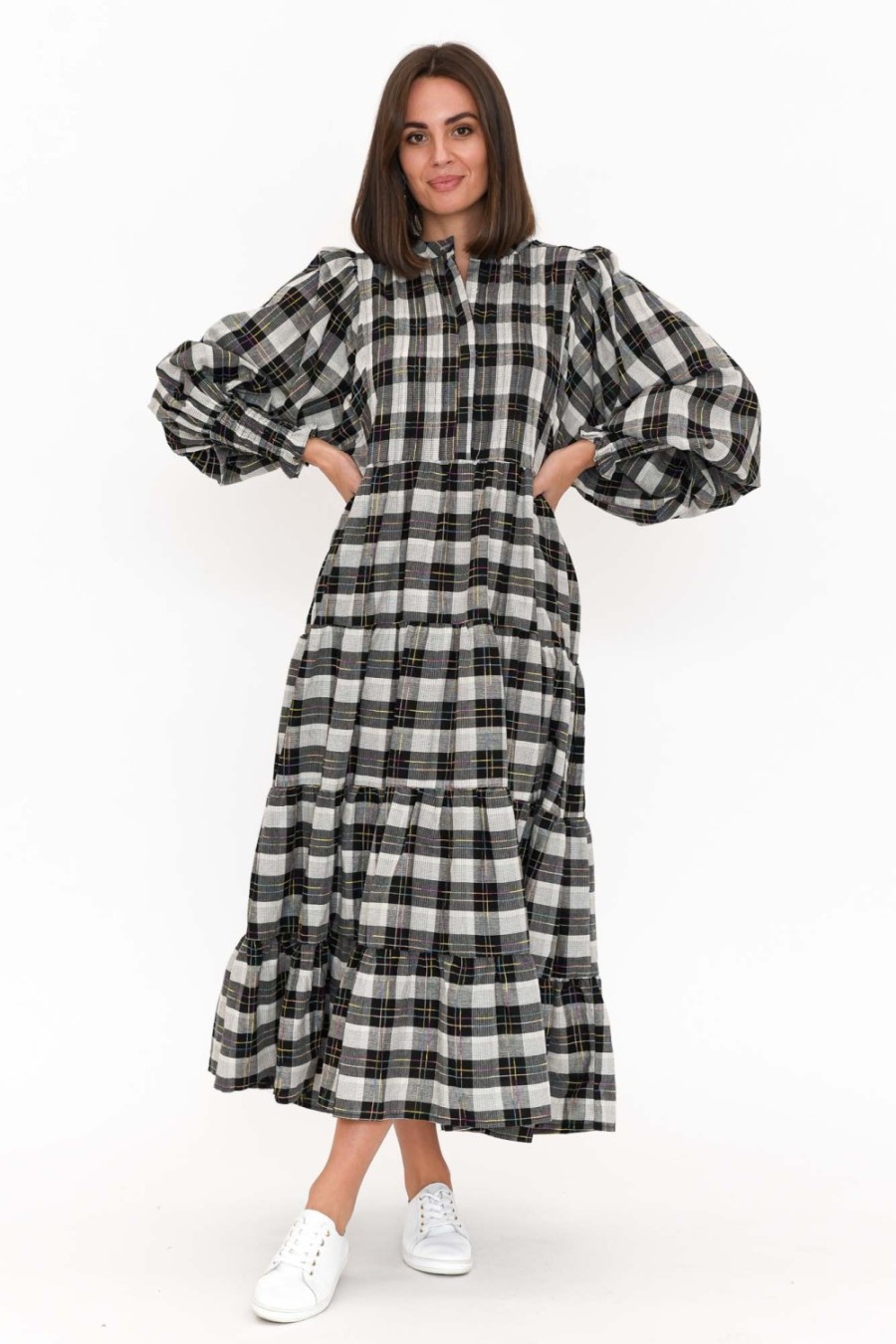 Clothing Fujinella Cotton Dresses | Chloe Black Check Cotton Tiered Maxi Dress