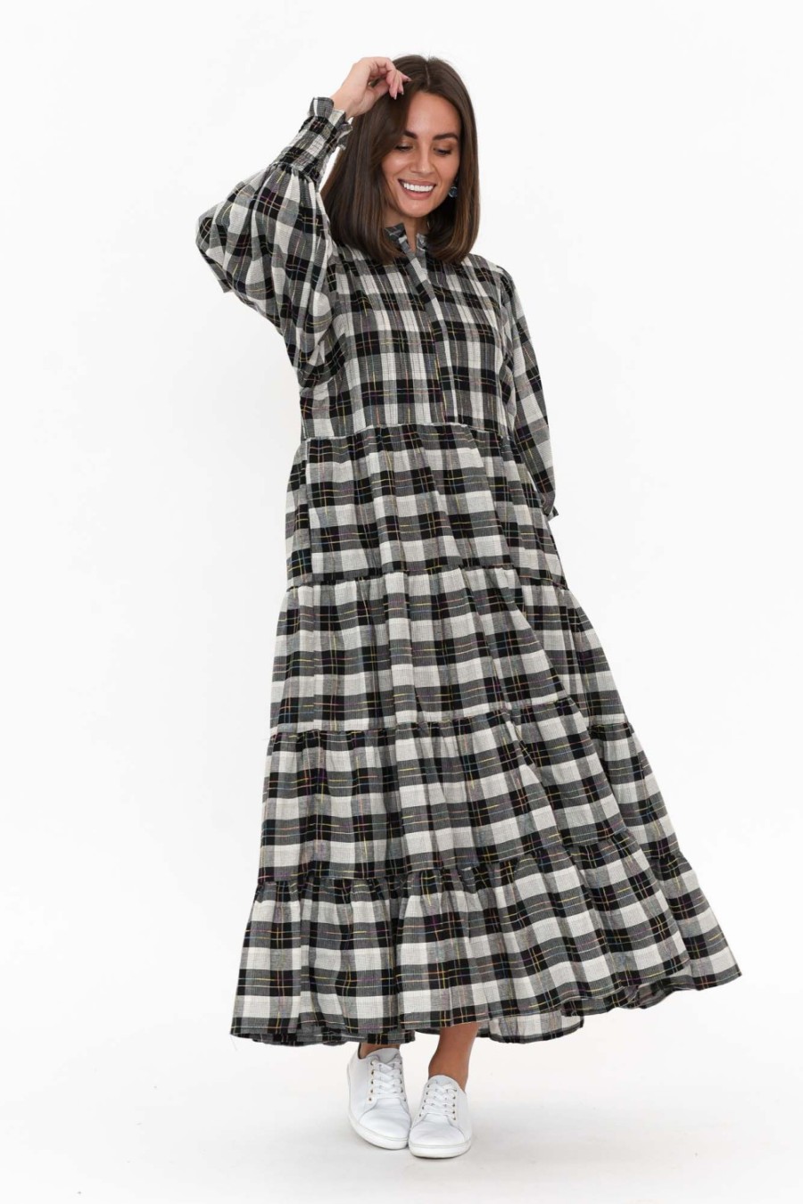 Clothing Fujinella Cotton Dresses | Chloe Black Check Cotton Tiered Maxi Dress