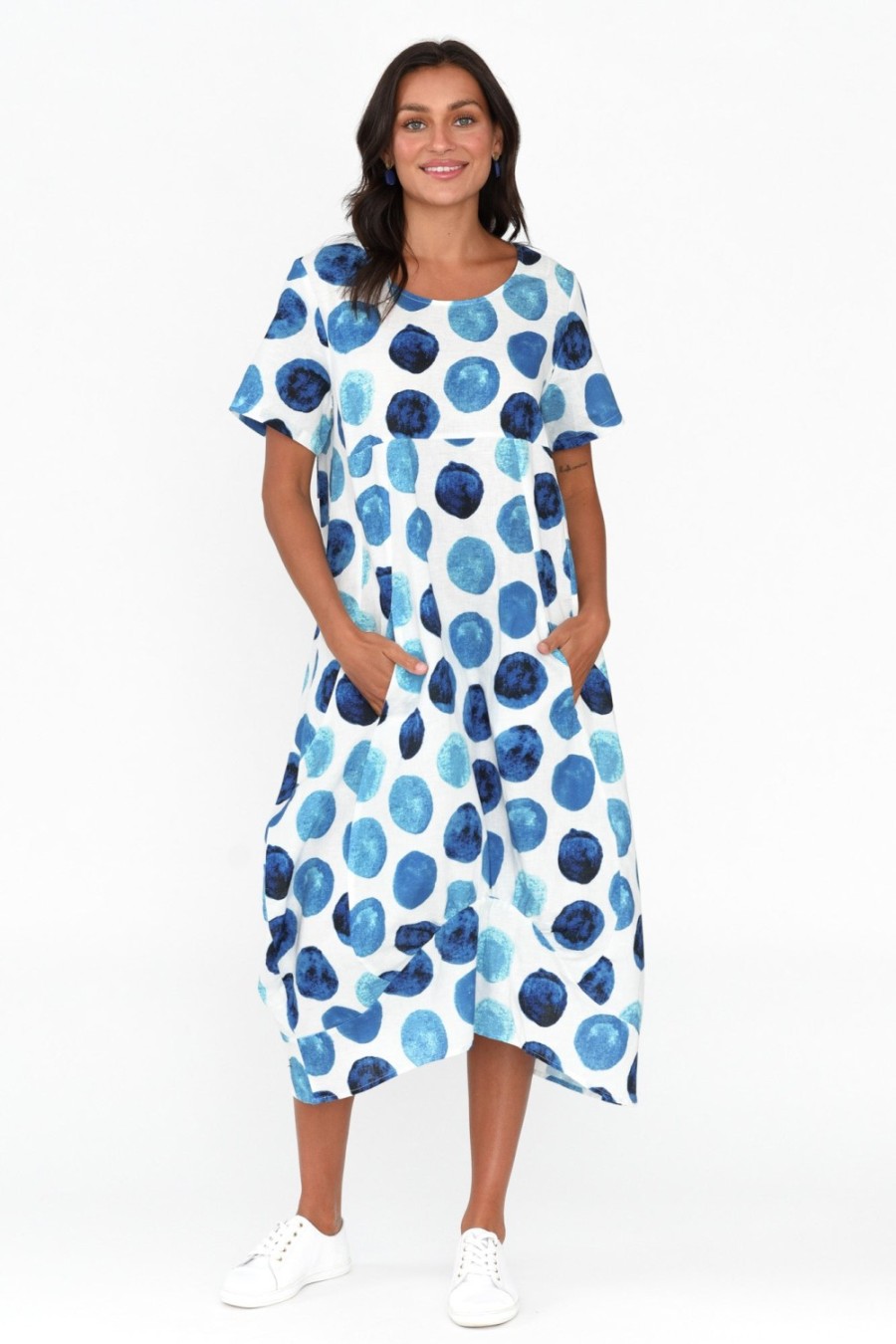 Clothing Cali and Co Linen Dresses | Mattie Blue Spot Linen Dress