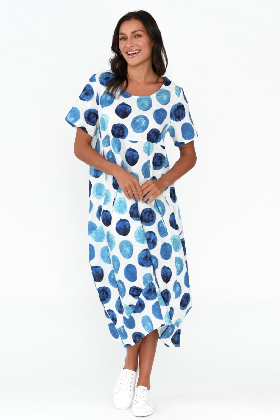 Clothing Cali and Co Linen Dresses | Mattie Blue Spot Linen Dress