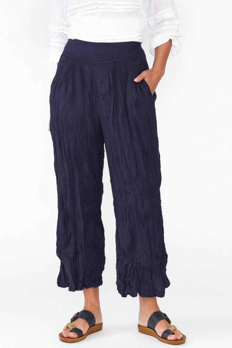 Clothing Namastai Pants | Costello Navy Crinkle Cotton Pant