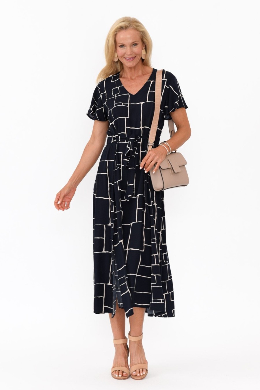 Clothing Slate the Label Midi Dresses | Brylee Navy Geo Tie Dress