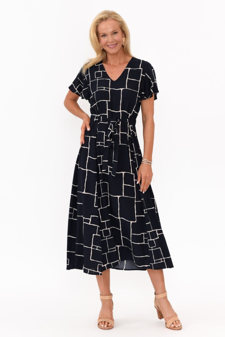 Clothing Slate the Label Midi Dresses | Brylee Navy Geo Tie Dress