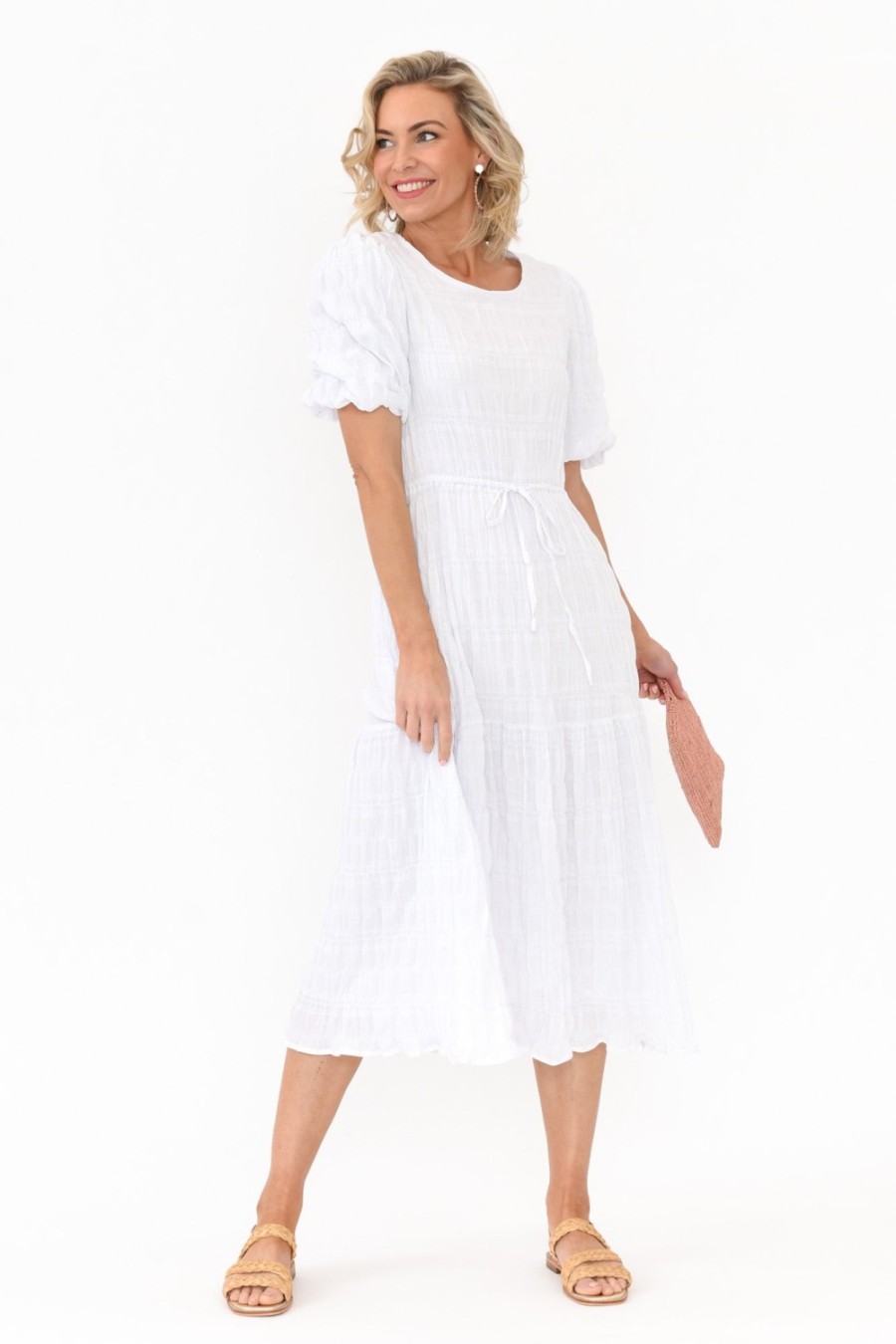 Clothing Cali and Co Cotton Dresses | Rava White Cotton Tie Dress