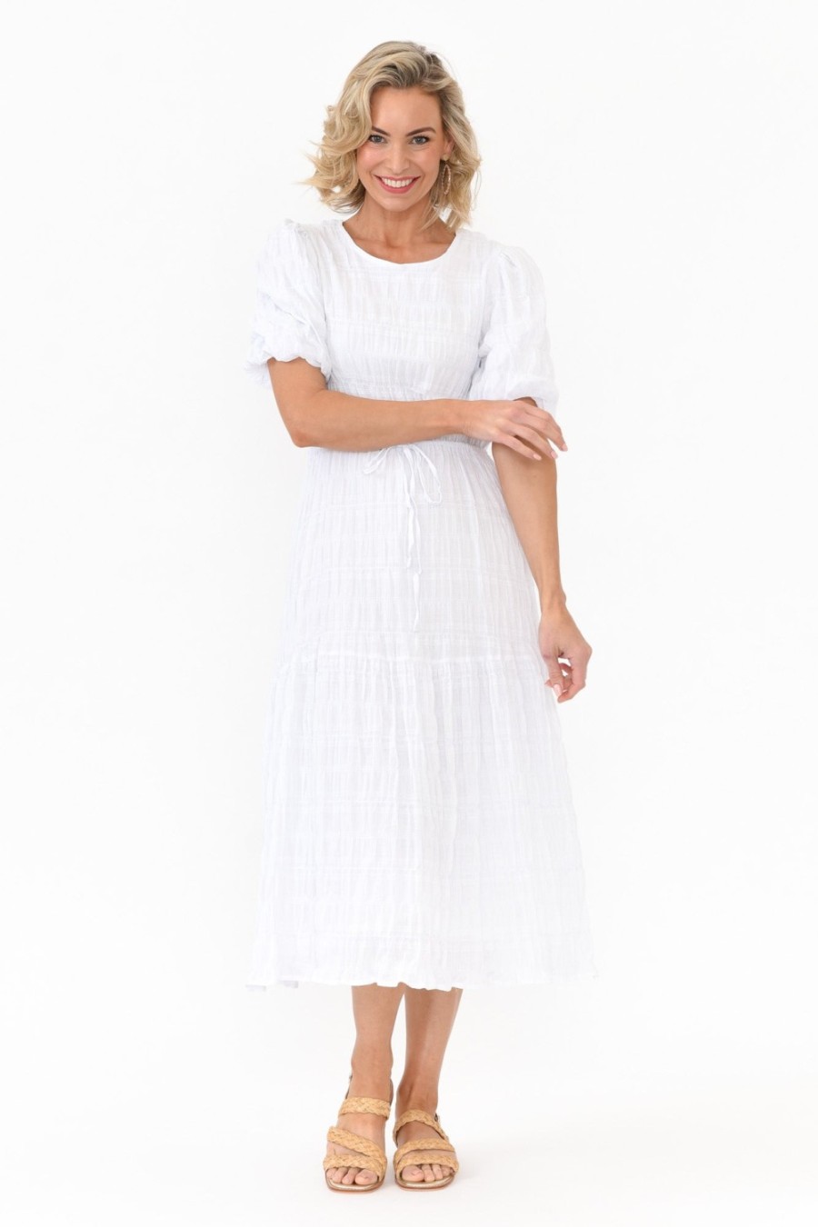 Clothing Cali and Co Cotton Dresses | Rava White Cotton Tie Dress