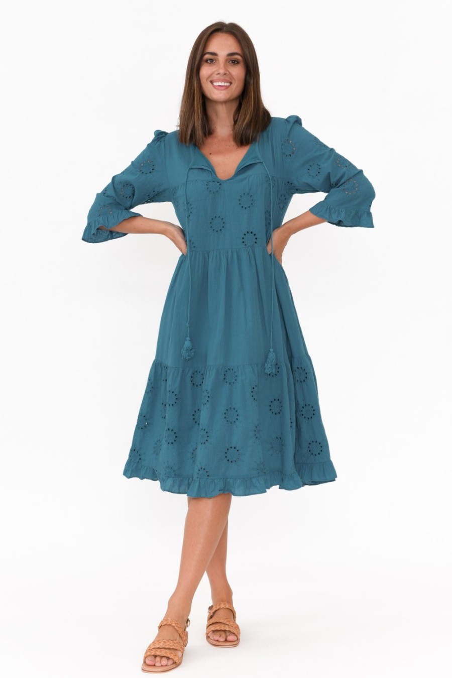 Clothing Worthier Cotton Dresses | Valentina Blue Cotton Embroidered Dress