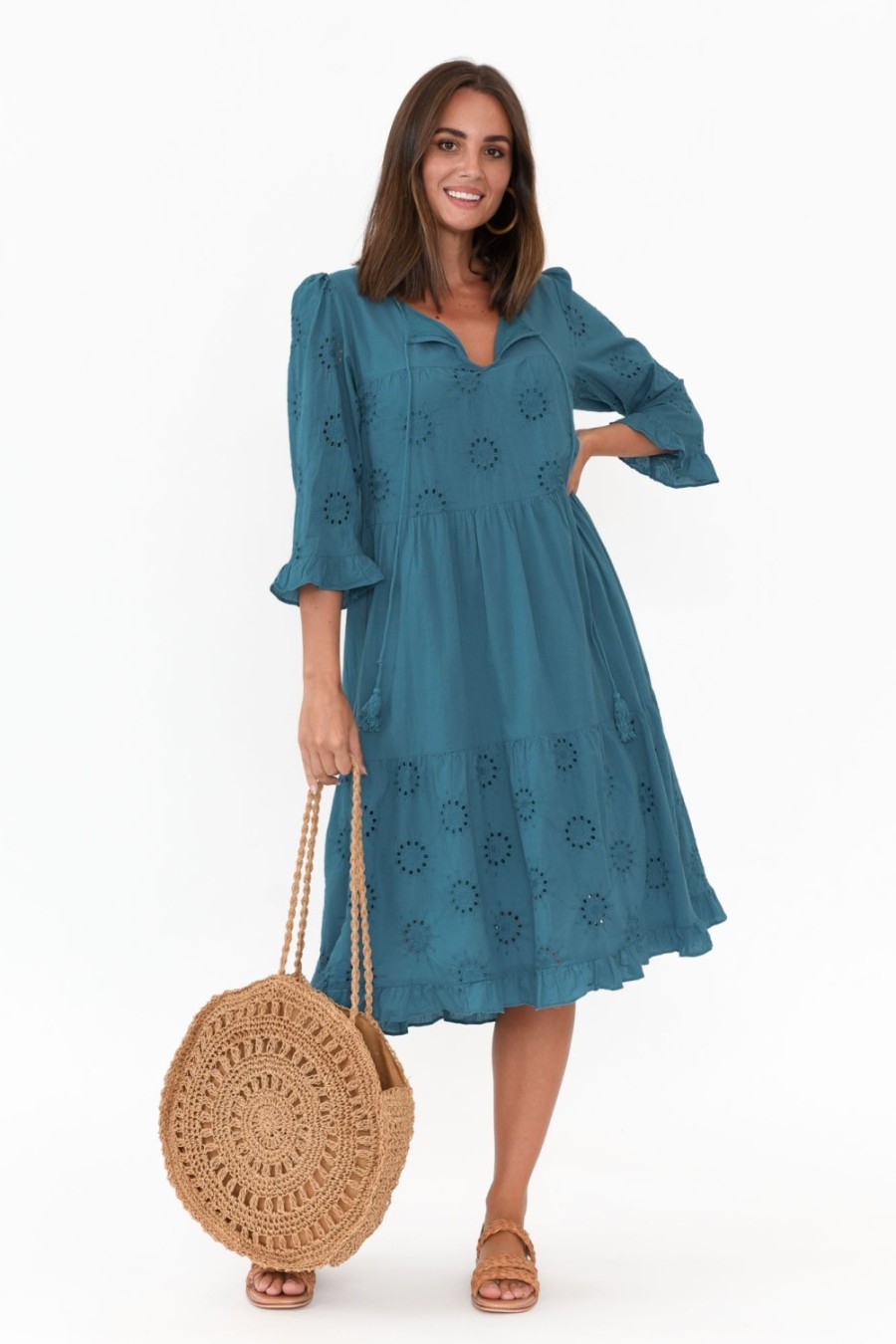 Clothing Worthier Cotton Dresses | Valentina Blue Cotton Embroidered Dress