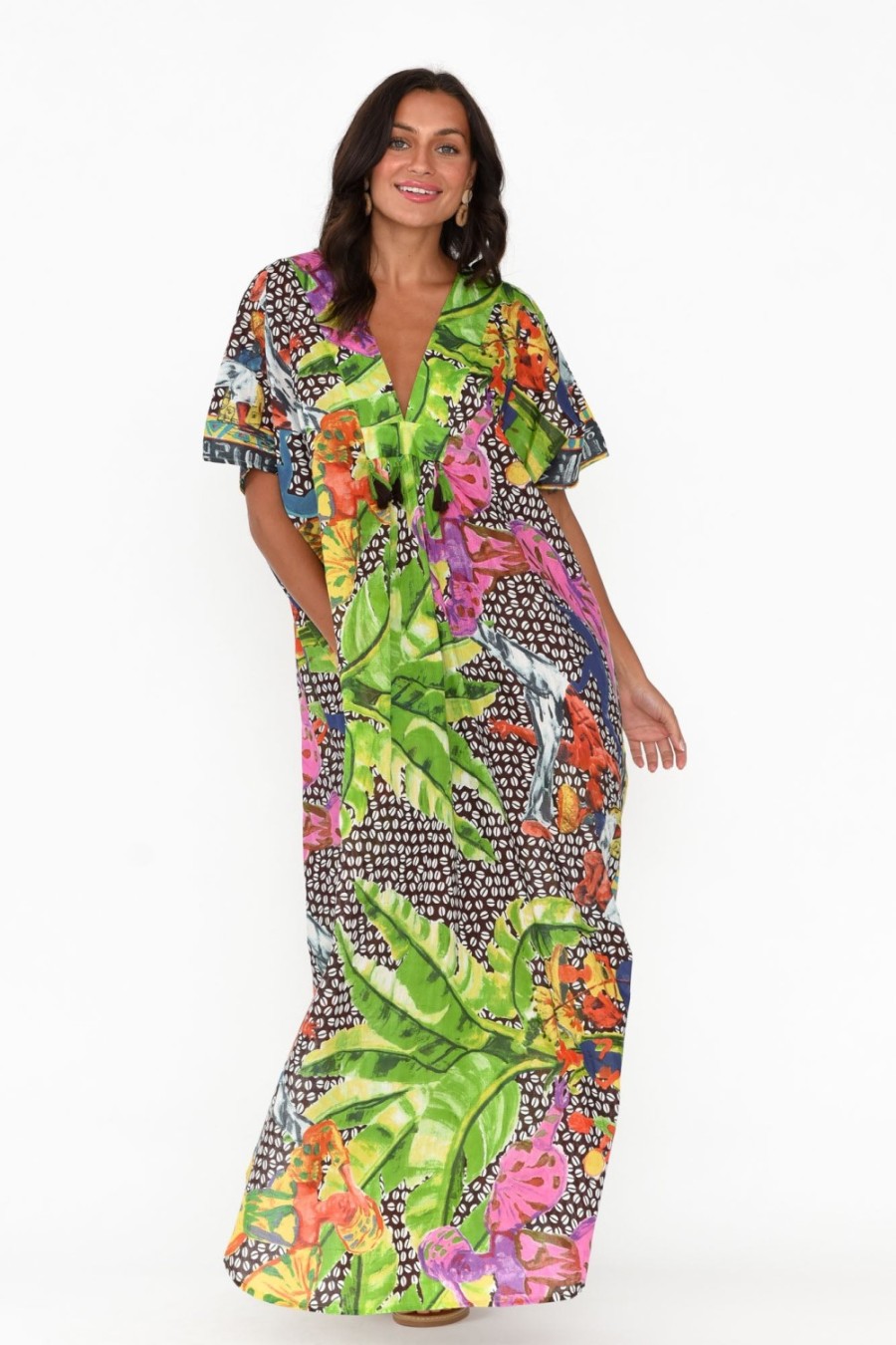 Clothing Mozaic Cotton Dresses | Tiwi Brown Tropical Cotton Kaftan