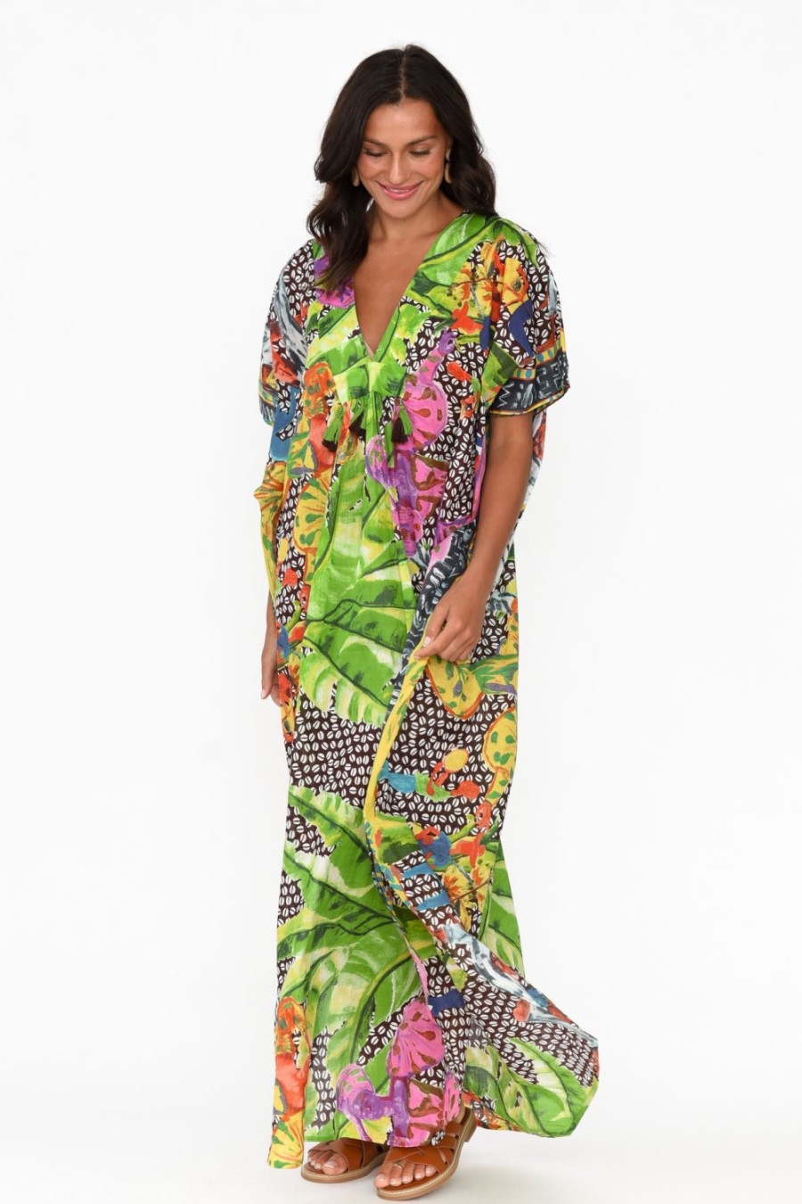 Clothing Mozaic Cotton Dresses | Tiwi Brown Tropical Cotton Kaftan