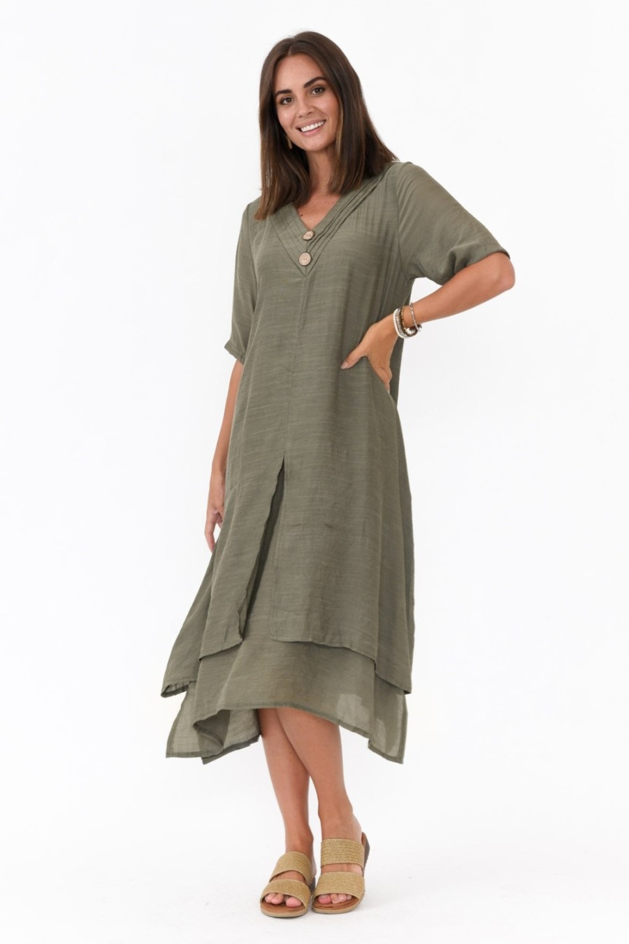 Clothing La Mode Cotton Dresses | Nala Khaki Layers Dress