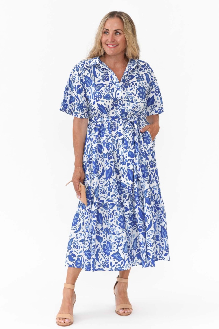 Clothing Liberty Rose Cotton Dresses | Houston Blue Blossom Cotton Tie Dress