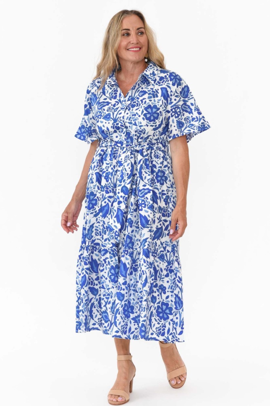 Clothing Liberty Rose Cotton Dresses | Houston Blue Blossom Cotton Tie Dress