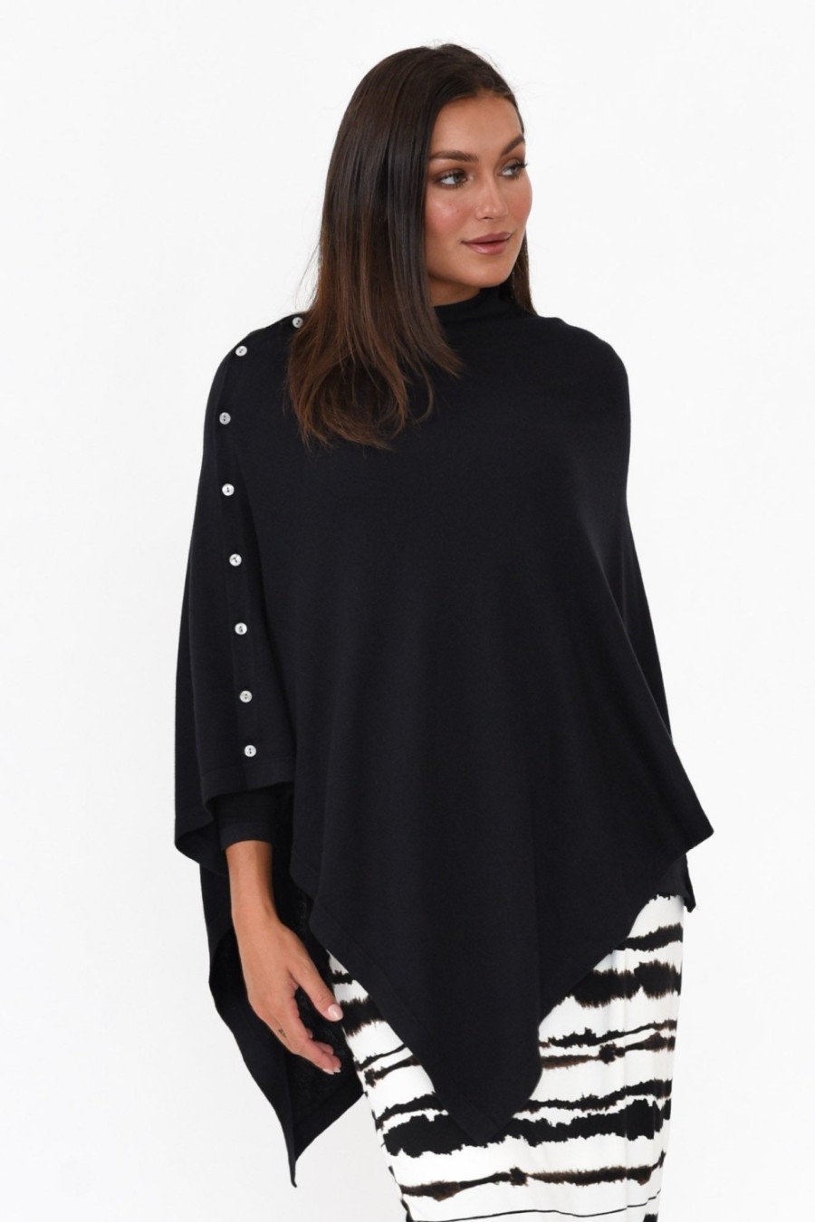 Clothing Tirelli Ponchos | Gisele Black Button Up Poncho