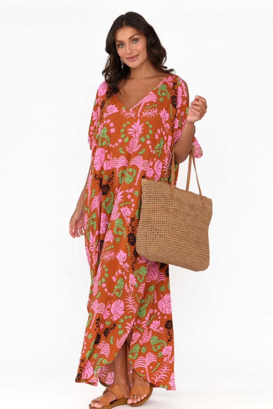 Clothing Isabella Boho Maxi Dresses | Marika Rust Tropical Cold Shoulder Kaftan