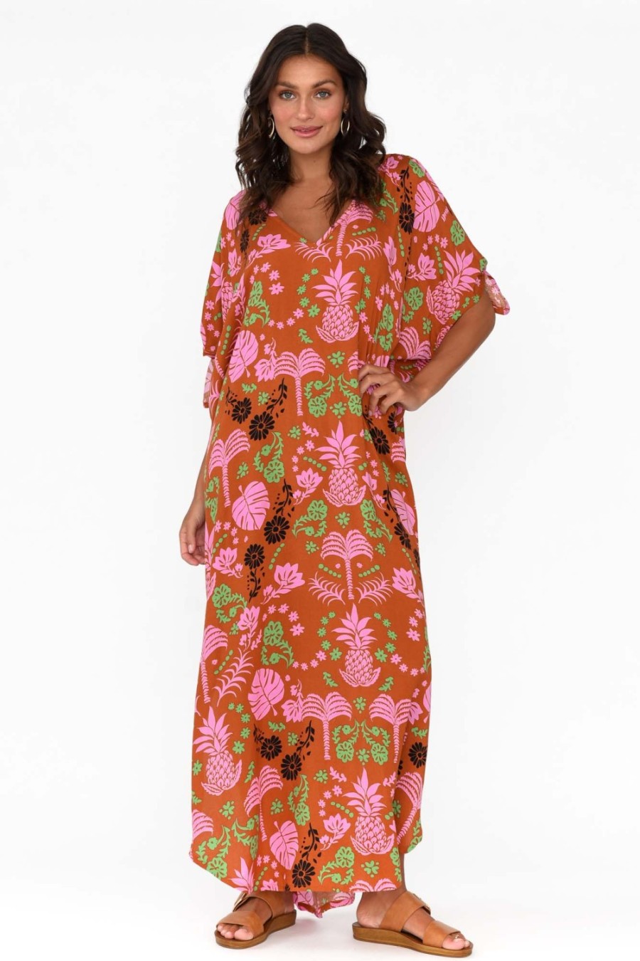 Clothing Isabella Boho Maxi Dresses | Marika Rust Tropical Cold Shoulder Kaftan