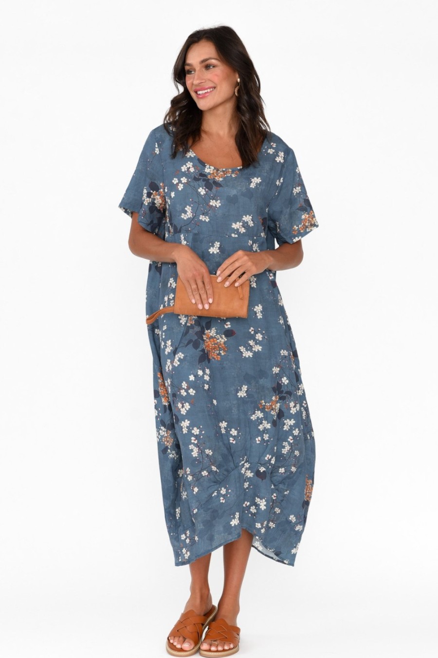 Clothing Cali and Co Linen Dresses | Mattie Blue Floral Linen Dress