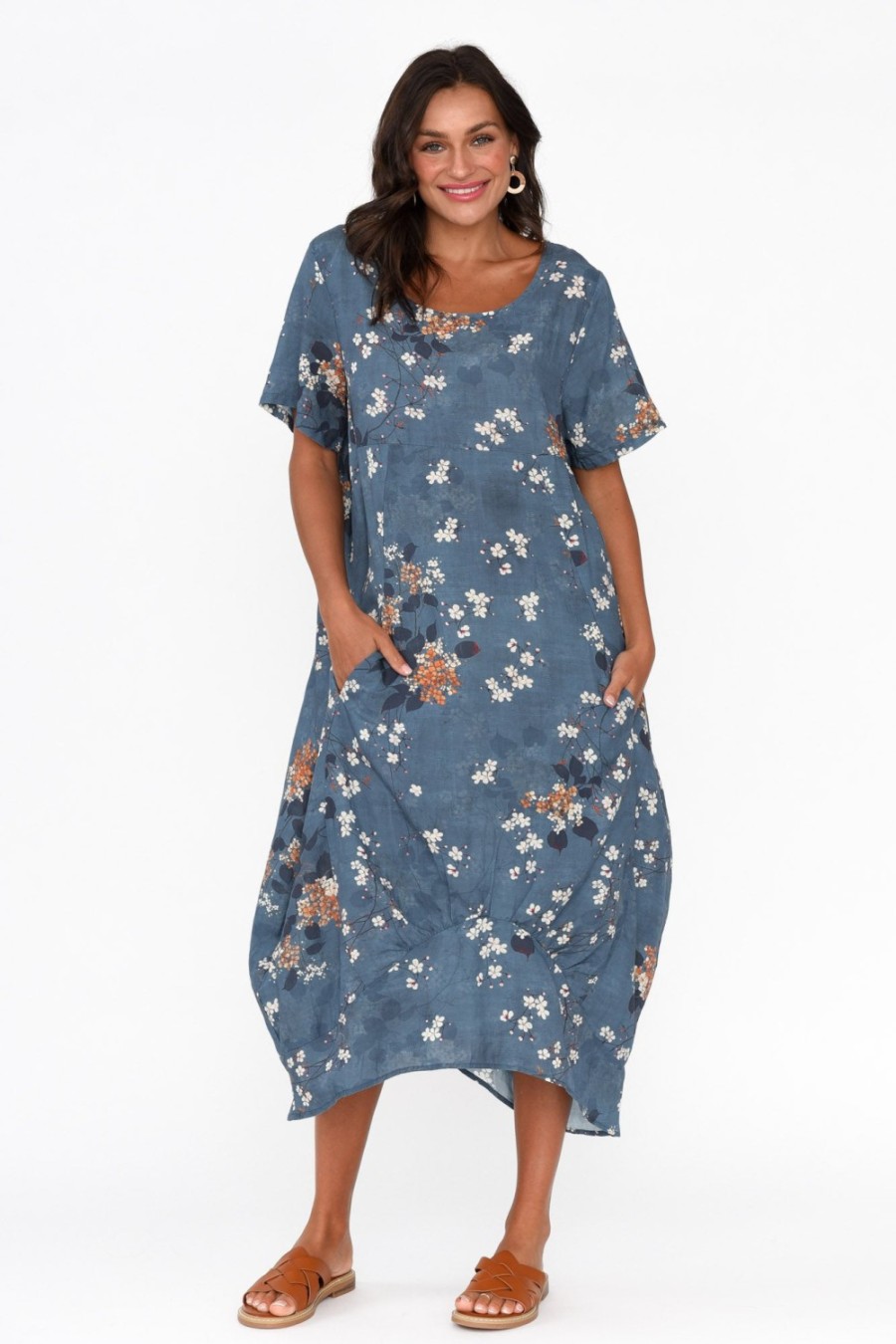 Clothing Cali and Co Linen Dresses | Mattie Blue Floral Linen Dress