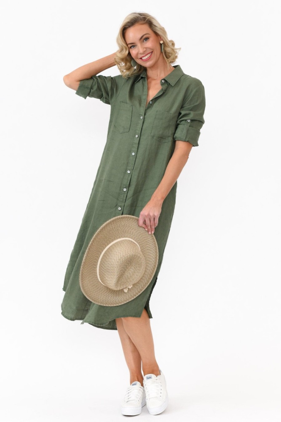 Clothing Worthier Linen Dresses | Halston Green Linen Relaxed Shirt Dress