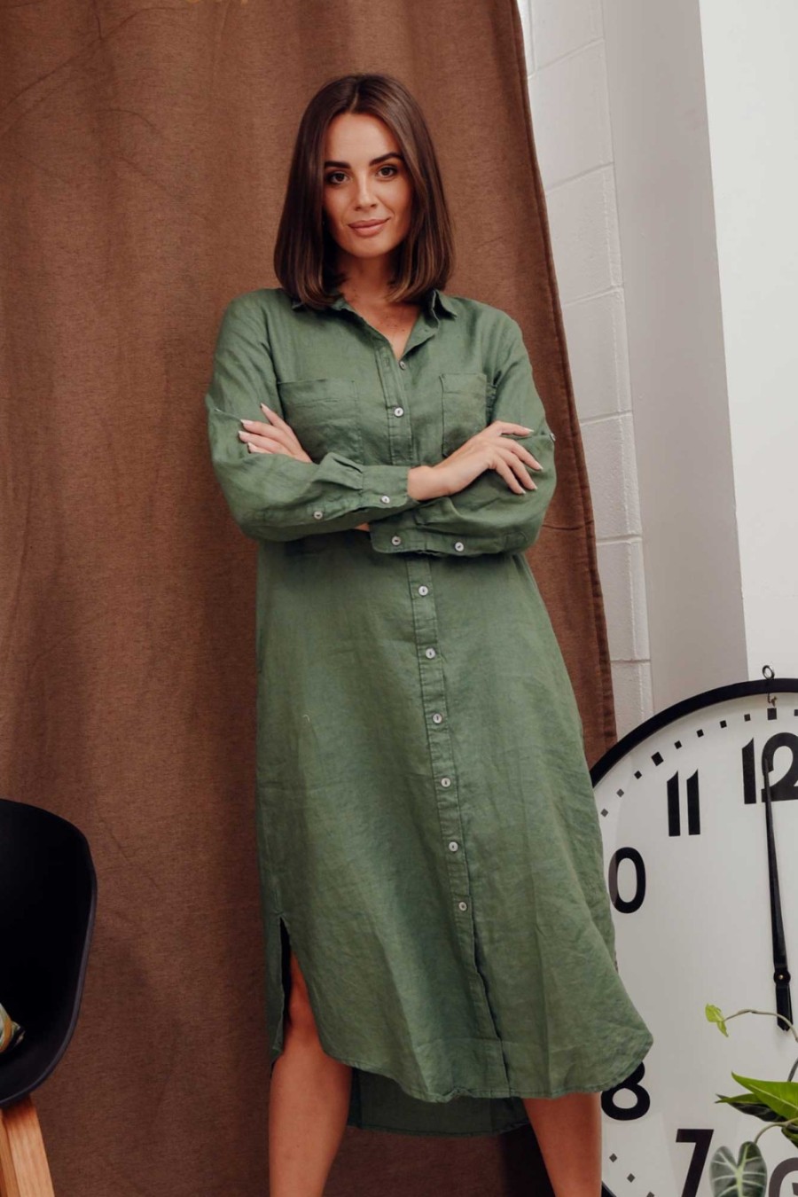 Clothing Worthier Linen Dresses | Halston Green Linen Relaxed Shirt Dress