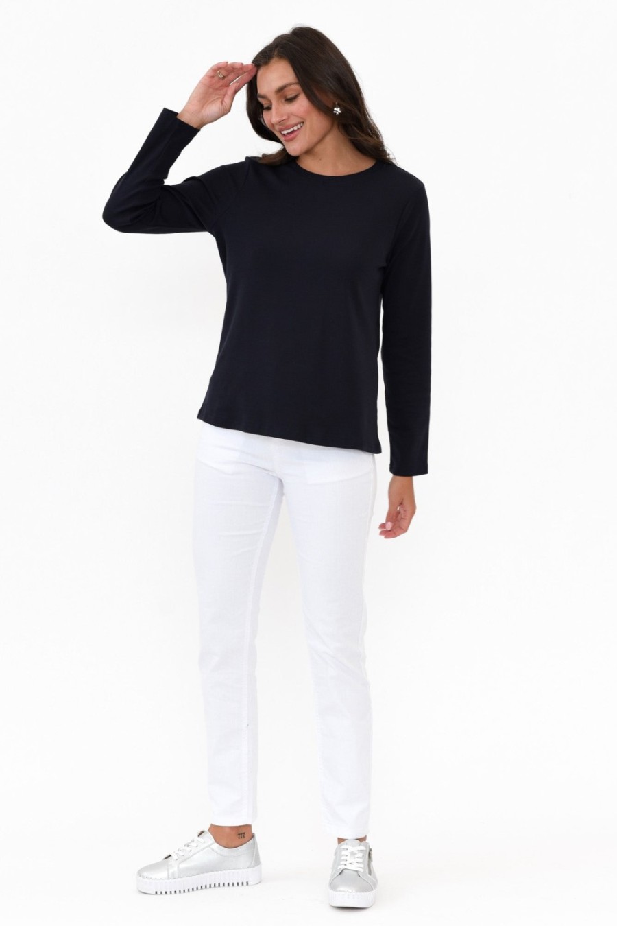 Clothing Gordon Smith Cotton Tops | Porter Navy Cotton Long Sleeve Top