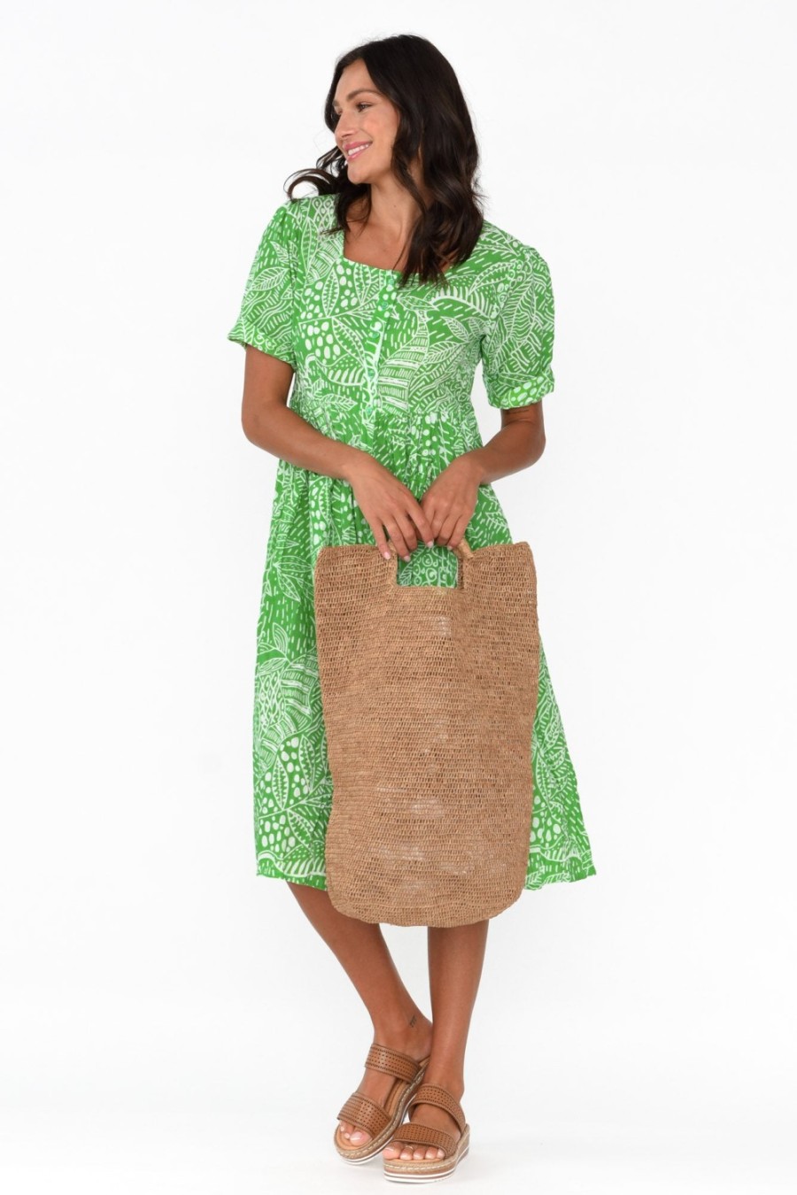 Clothing Orientique Cotton Dresses | Leros Green Jungle Organic Cotton Dress