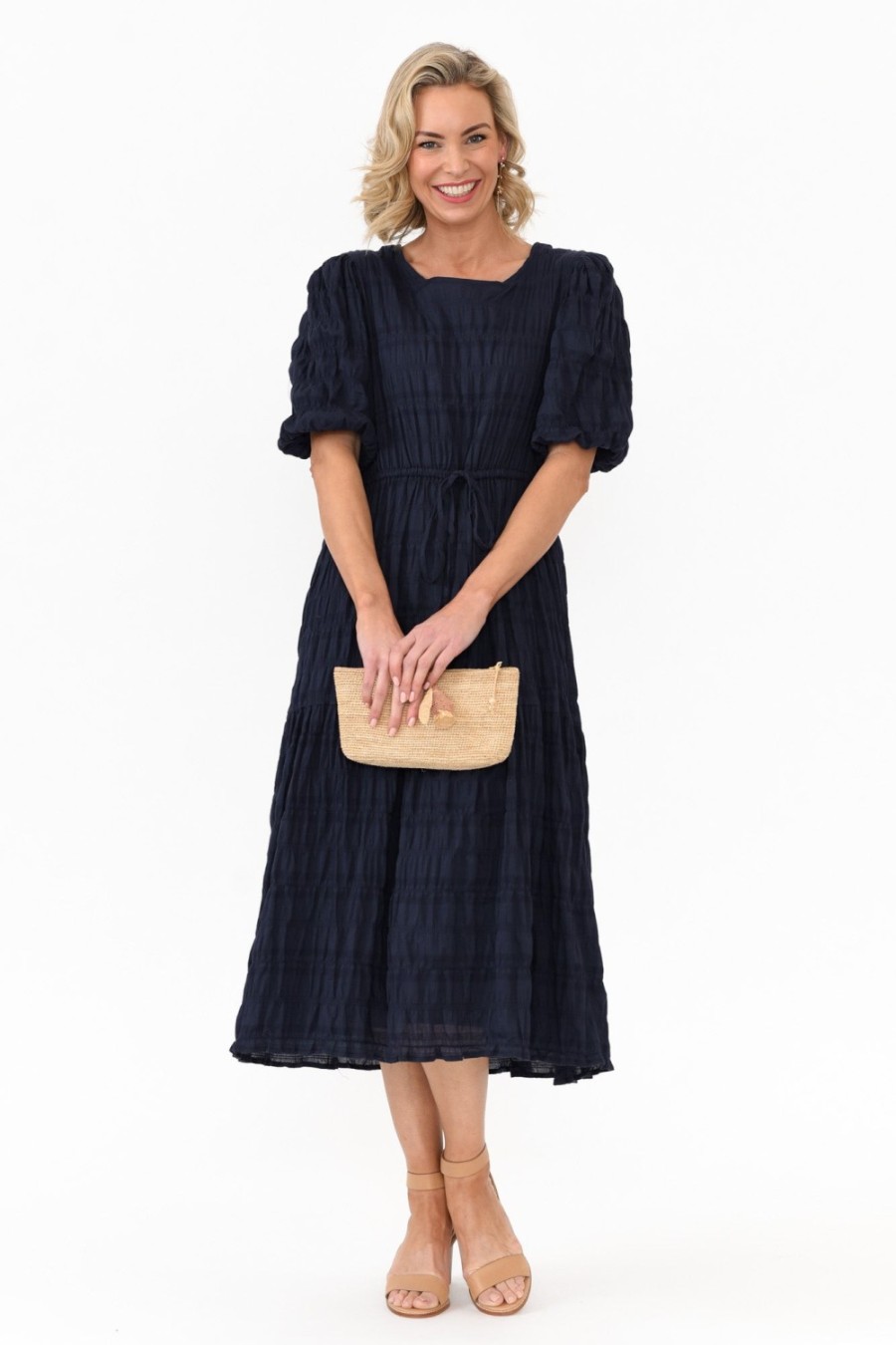 Clothing Cali and Co Cotton Dresses | Rava Navy Cotton Tie Dress