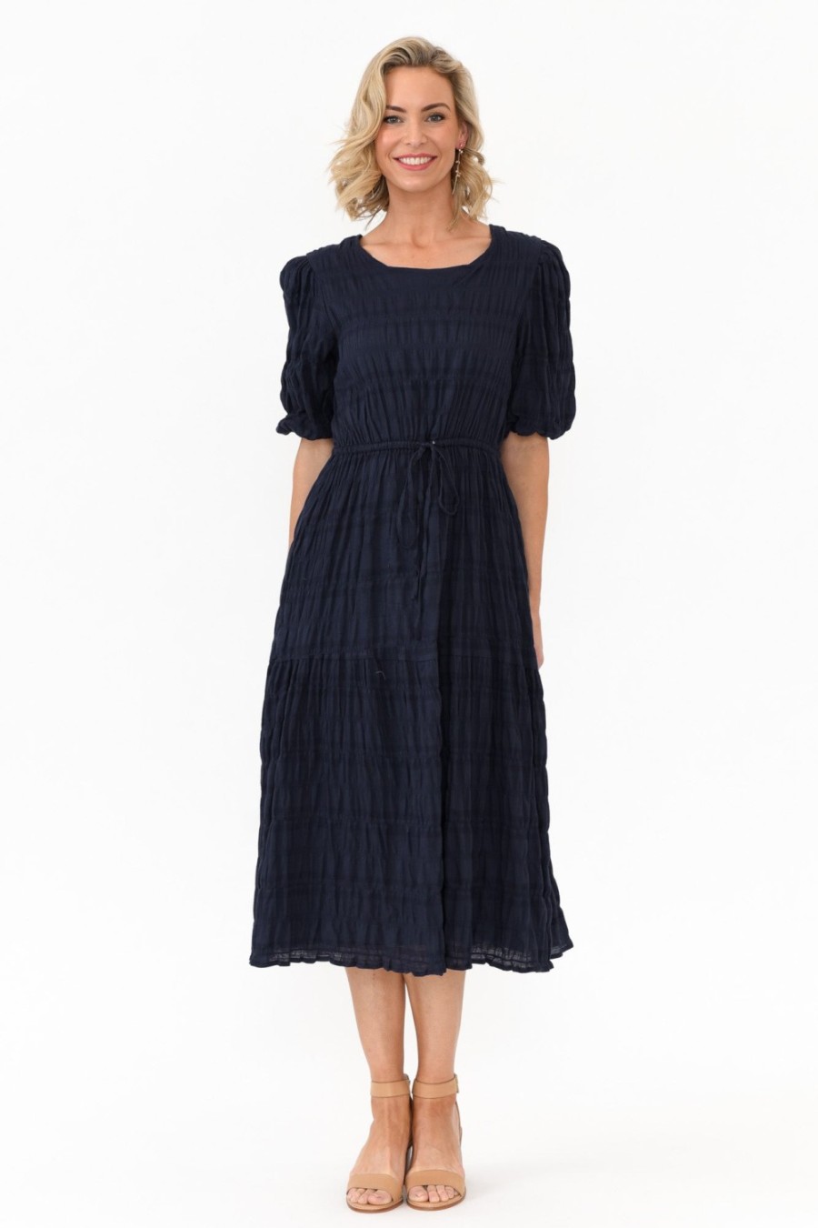 Clothing Cali and Co Cotton Dresses | Rava Navy Cotton Tie Dress