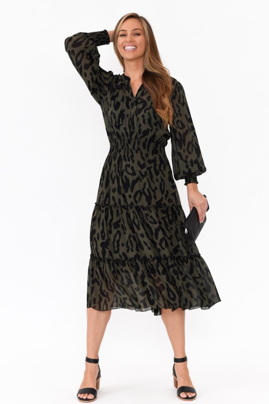 Clothing Fate Becker Midi Dresses | Darby Khaki Animal Tier Midi Dress