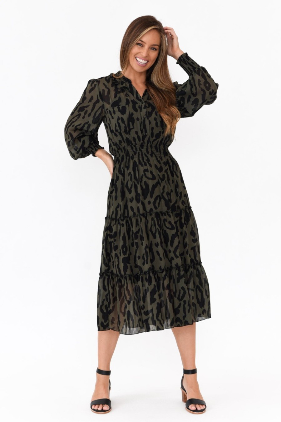 Clothing Fate Becker Midi Dresses | Darby Khaki Animal Tier Midi Dress