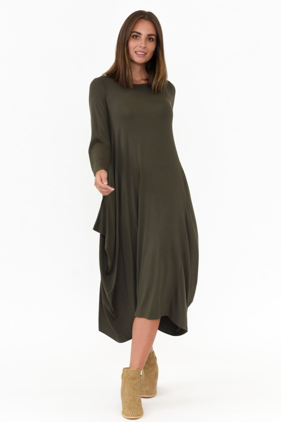 Clothing Cali and Co Midi Dresses | Kendal Khaki Long Sleeve Dress