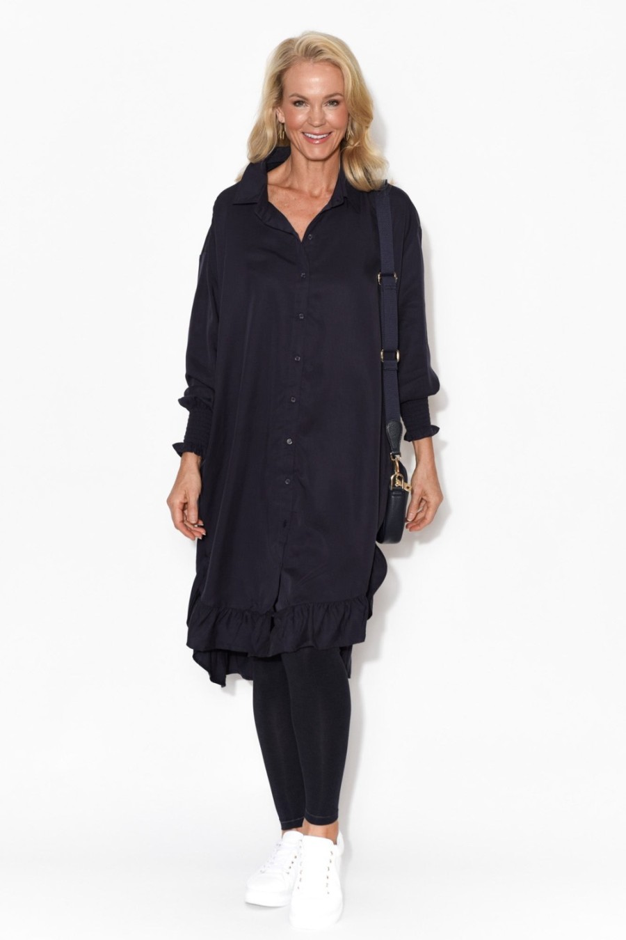 Clothing PQ Below Knee Dresses | Elma Navy Tencel Shirt Dress