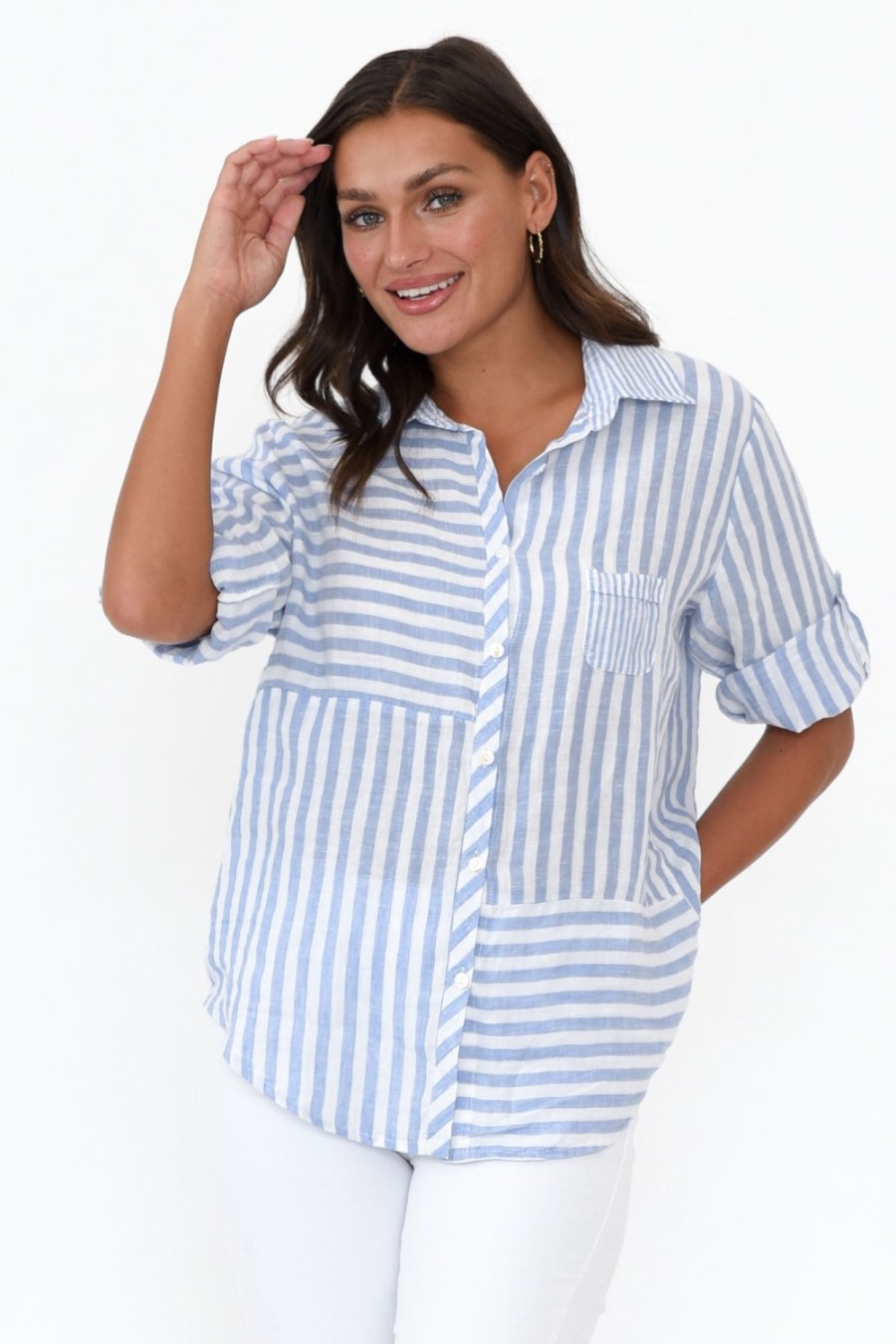 Clothing Worthier Linen Tops | Hyatt Blue Stripe Linen Shirt