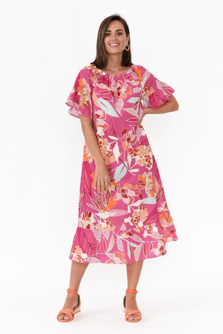 Clothing Rosa Jojo Cotton Dresses | Ornella Pink Tropical Linen Cotton Dress