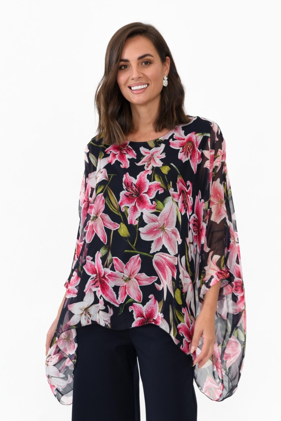 Clothing L'amore Sleeved Tops | Melvina Navy Floral Layer Top