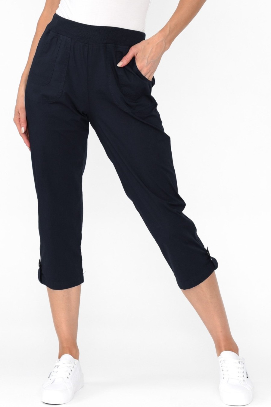 Clothing Threadz Pants | Marta Navy Cotton 3/4 Pant