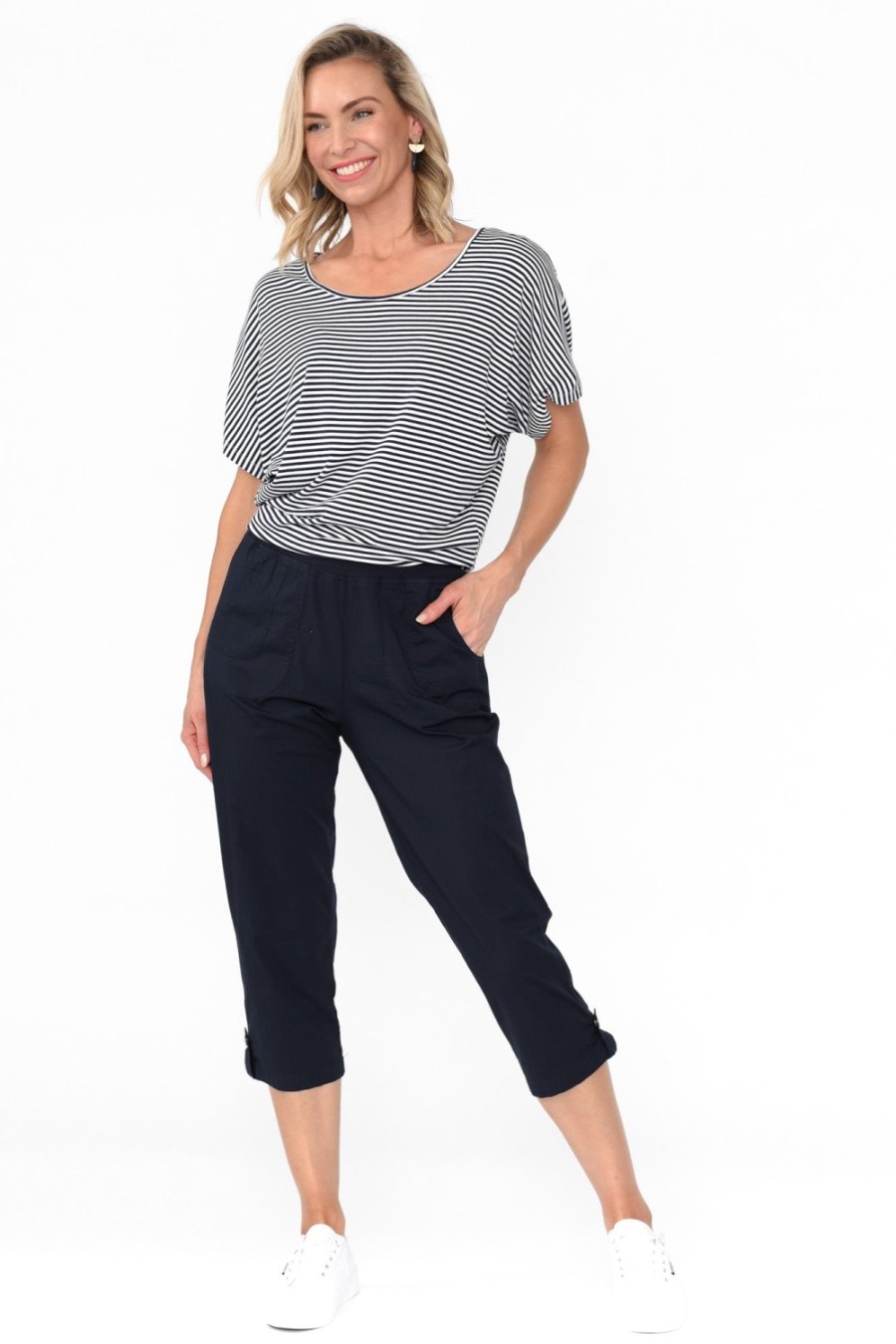 Clothing Threadz Pants | Marta Navy Cotton 3/4 Pant