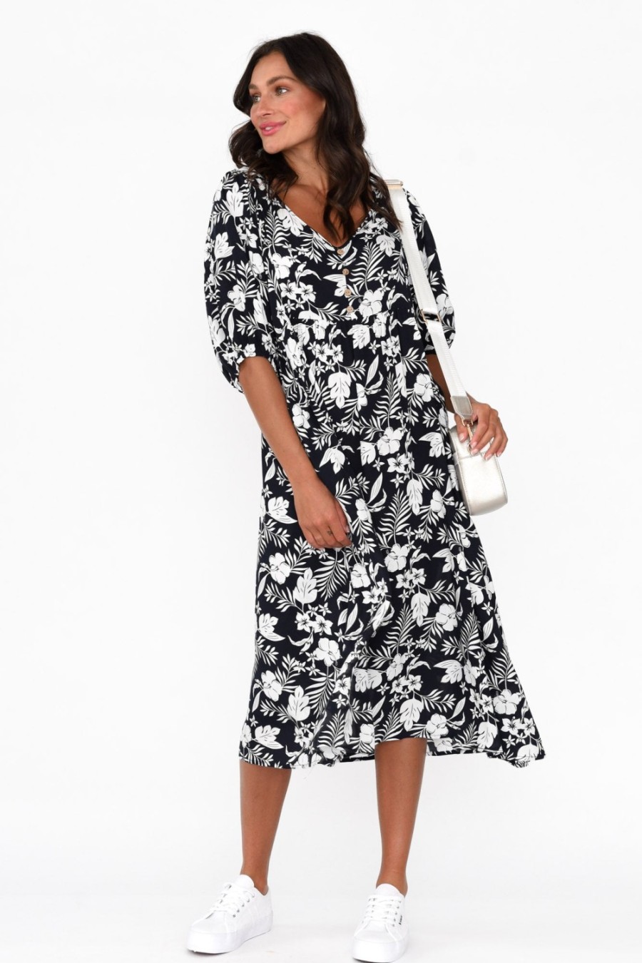 Clothing New U Collection Midi Dresses | Kacey Black Garden Button Dress