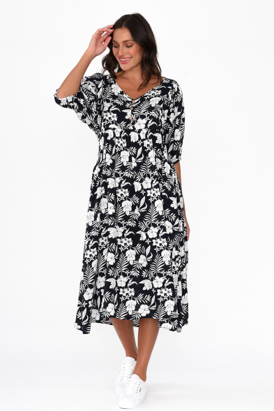 Clothing New U Collection Midi Dresses | Kacey Black Garden Button Dress