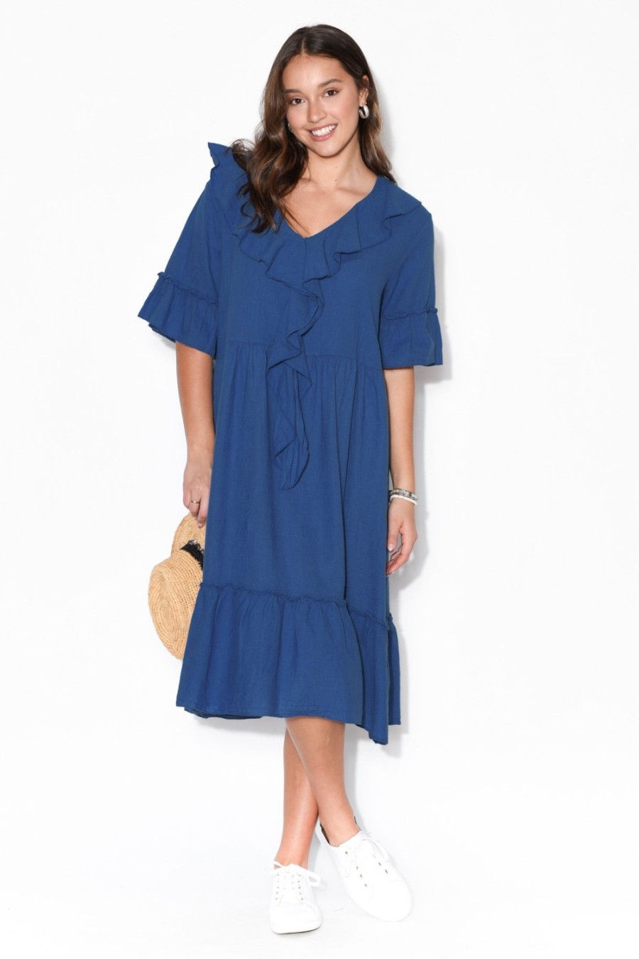 Clothing Wednesday Lulu Linen Dresses | Ronnie Blue Linen Ruffle Dress