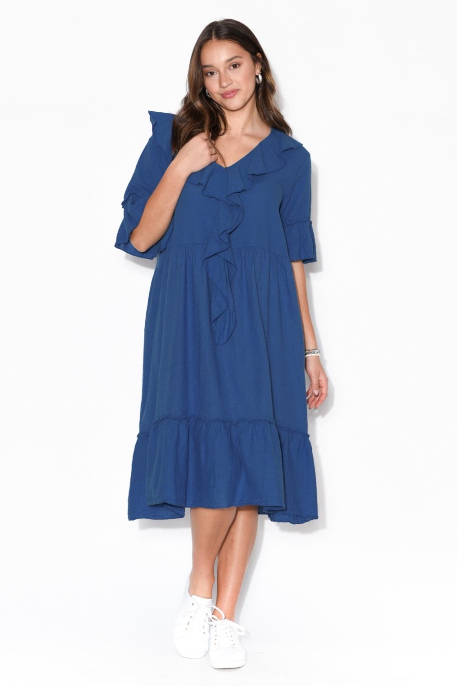 Clothing Wednesday Lulu Linen Dresses | Ronnie Blue Linen Ruffle Dress