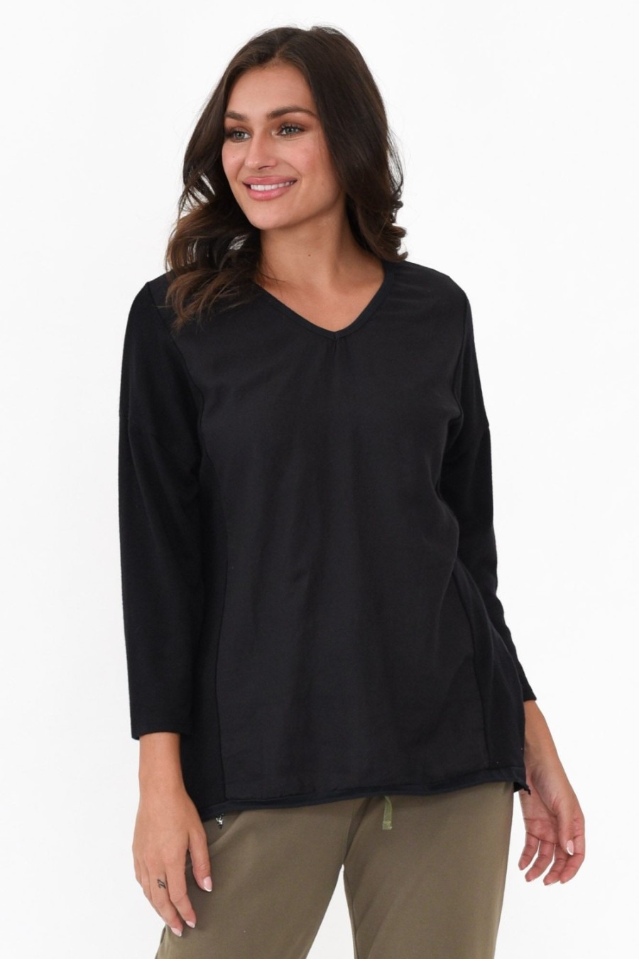 Clothing La Strada Cotton Tops | Mariah Black Linen Cotton Panel Top