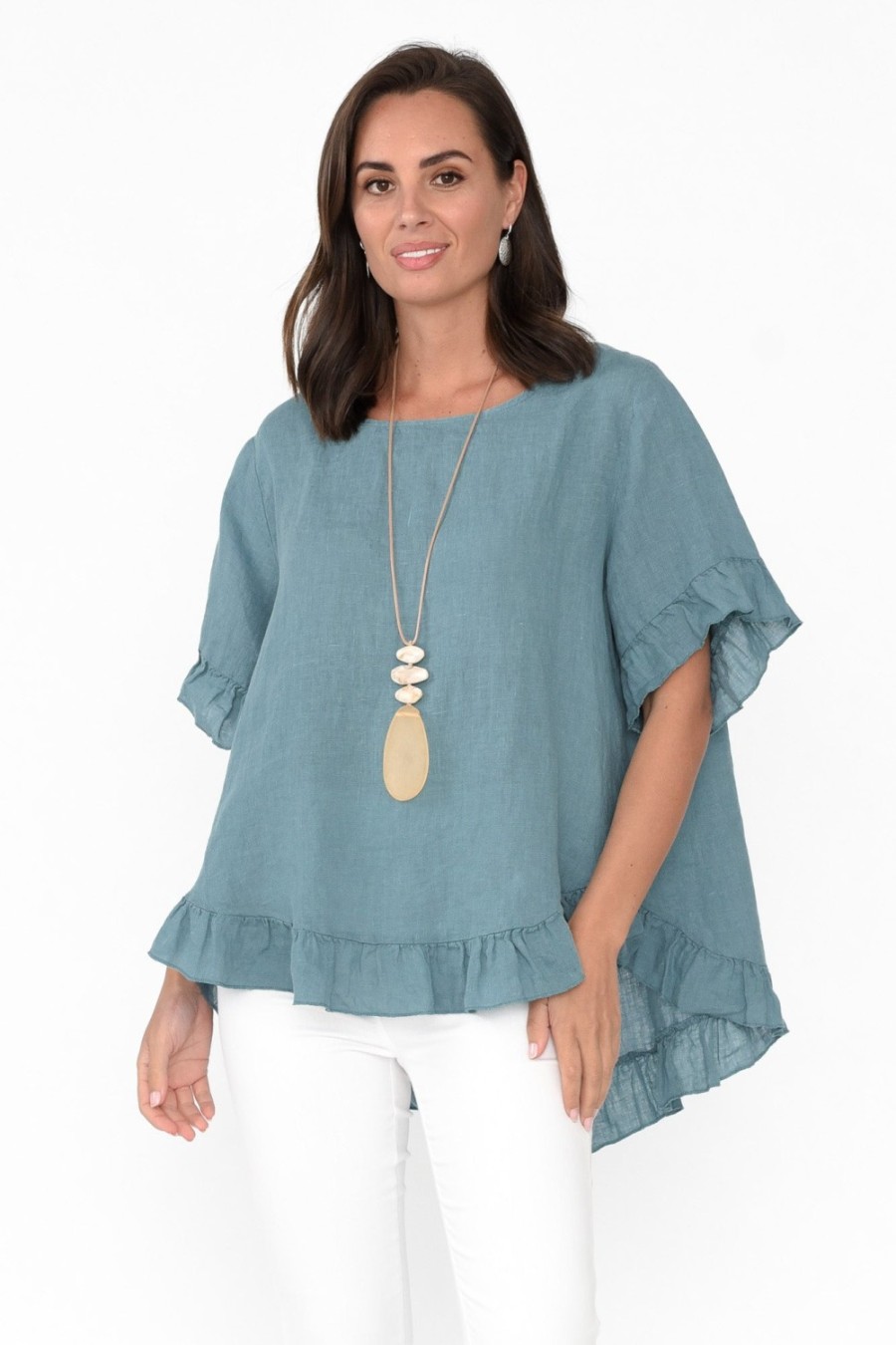 Clothing Cali and Co Linen Tops | Genevieve Blue Linen Frill Top