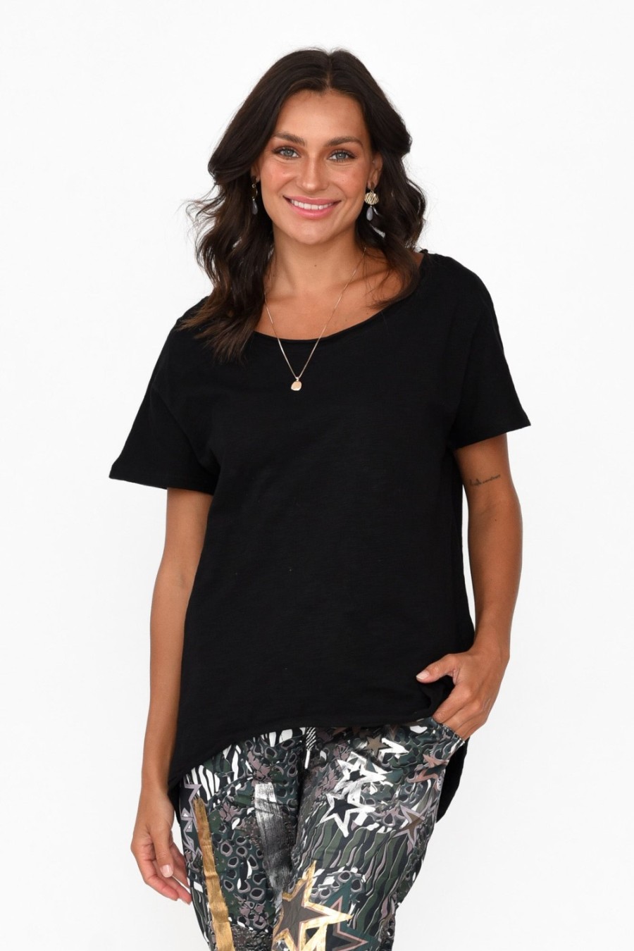 Clothing Slate the Label Cotton Tops | Cindi Black Cotton Blend Tee