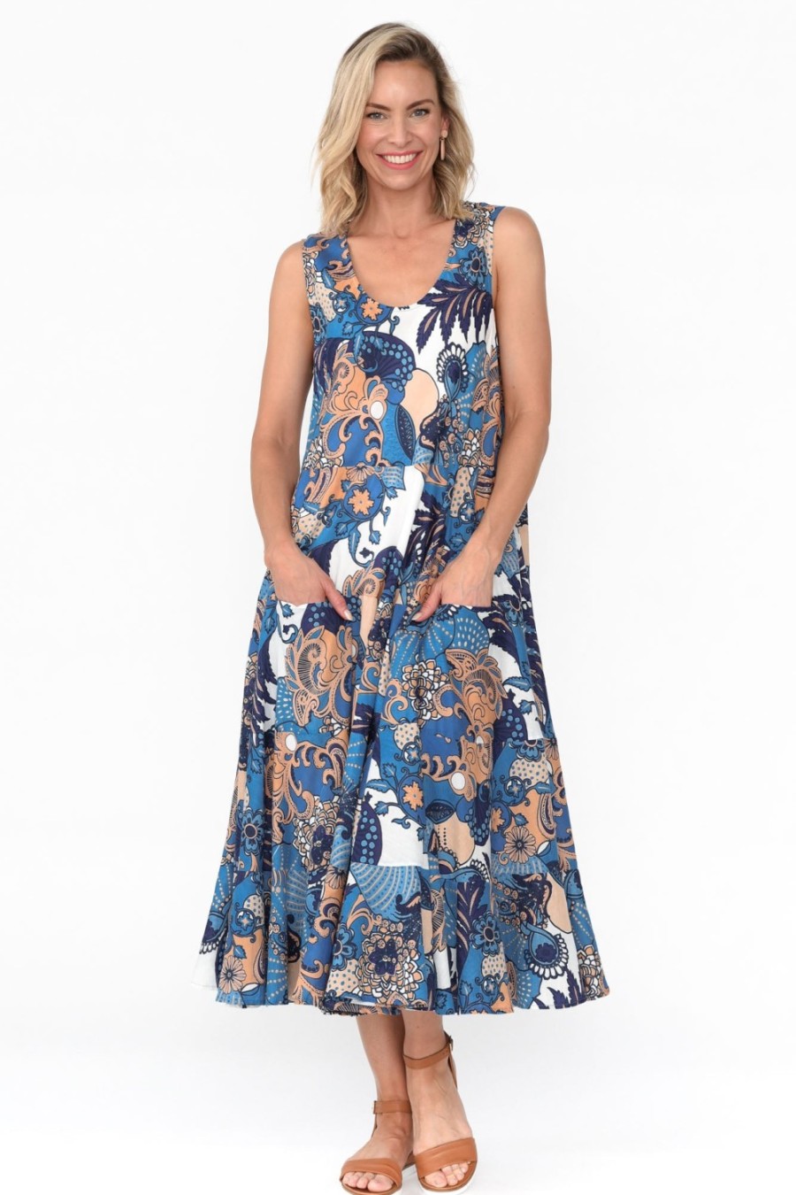 Clothing Mozaic Cotton Dresses | Daydream Blue Blossom Cotton Midi Dress