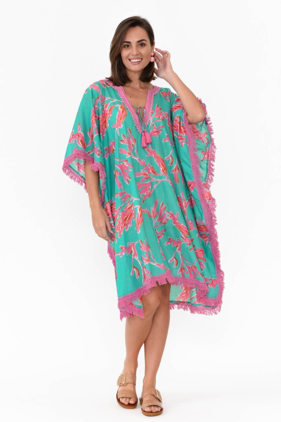 Clothing Mozaic Cotton Dresses | Bedarra Turquoise Coral Cotton Kaftan