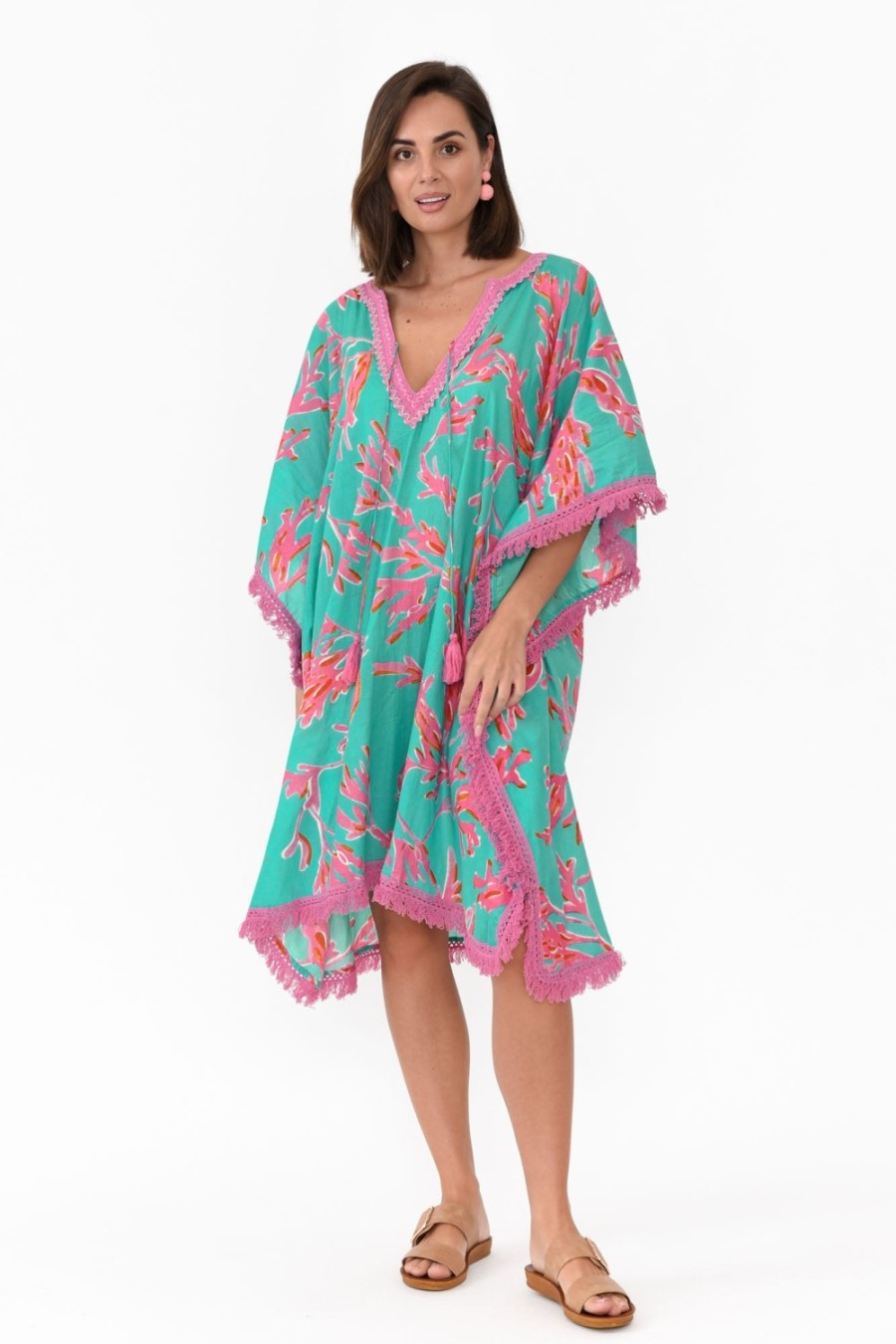 Clothing Mozaic Cotton Dresses | Bedarra Turquoise Coral Cotton Kaftan