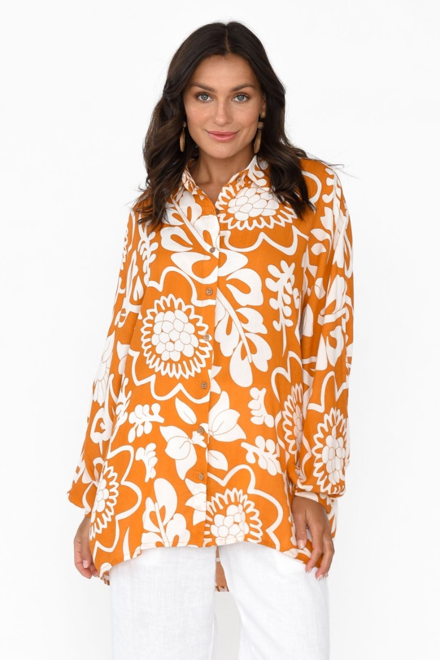 Clothing Shanty Sleeved Tops | Milano Orange Garden Relaxed Shirt