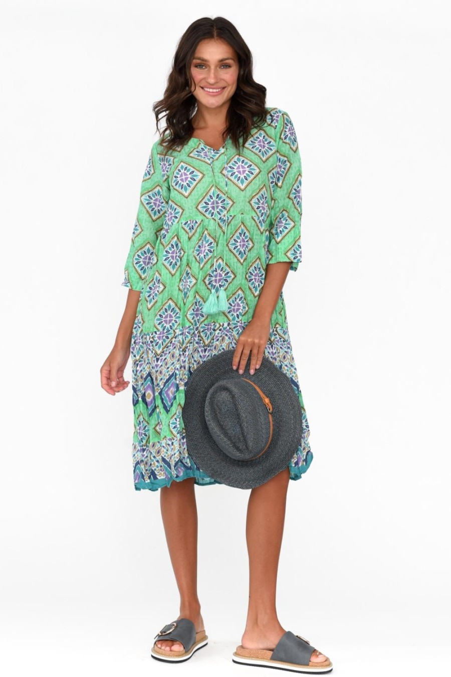 Clothing One Summer Cotton Dresses | Layla Aqua Geo Crinkle Cotton Dress