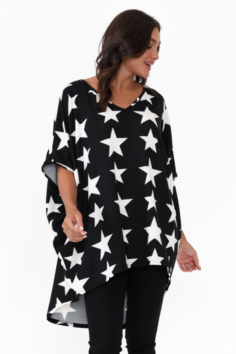 Clothing La Mode Sleeved Tops | Aaron Black Star Knit Drape Top