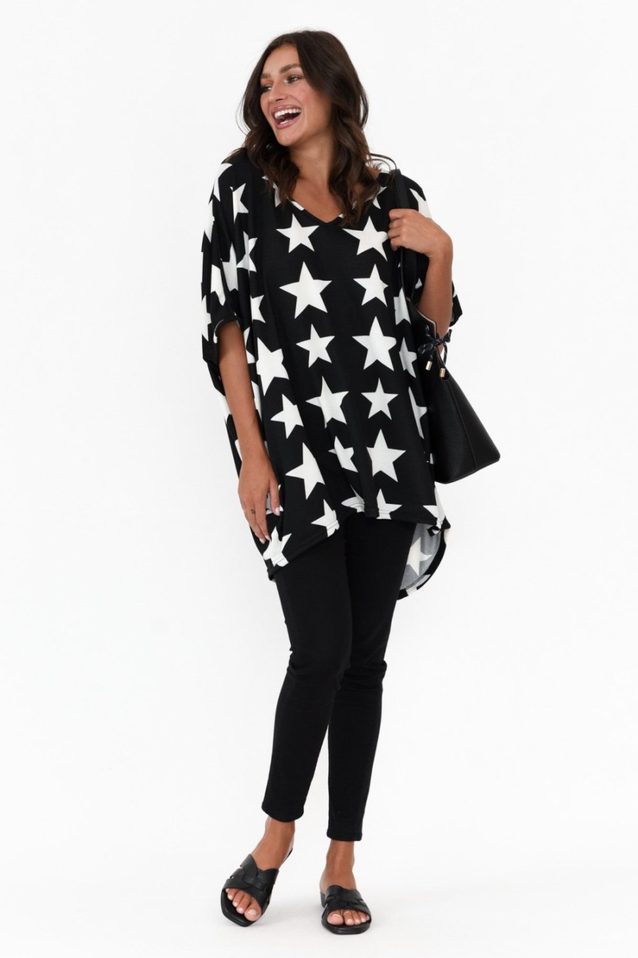 Clothing La Mode Sleeved Tops | Aaron Black Star Knit Drape Top